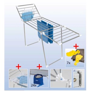 Stendibiancheria ad ala Wenko Profi Plus con set di accessori, stendino in acciaio inox con mollette e borsa.