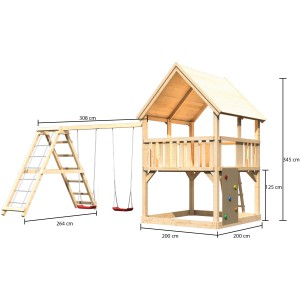 Tour de jeu Karibu Luis avec balançoire double, mur d'escalade et toit à deux pentes, vue avec dimensions.