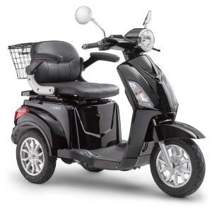 E-Mobil E3800 noir avec panier, siège et trois roues. Vélo électrique confortable pour seniors.
