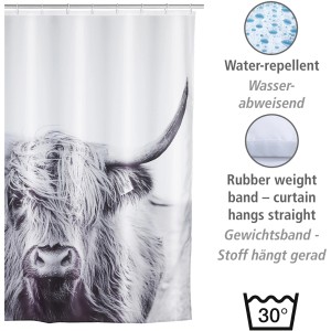 Tenda doccia Wenko Yak con motivo mucca Highland, 180x200 cm, lavabile.