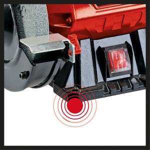Gros plan sur la meuleuse double Einhell TC-BG 150 avec meule, pare-étincelles et interrupteur.