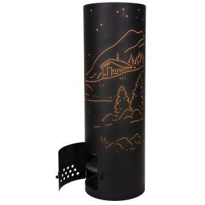 Schwarze Nouvel Fiamma Feuerstelle Montagna mit Berg- und Hüttendesign für Garten/Terrasse.
