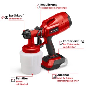 Einhell TC-SY 18/60 Li-Solo système de pulvérisation de peinture sans fil : Pistolet à peinture rouge avec récipient et accessoires.