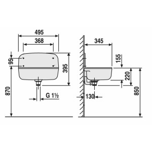Schéma : Évier utilitaire blanc type 500 avec dimensions pour l’installation et les mesures.