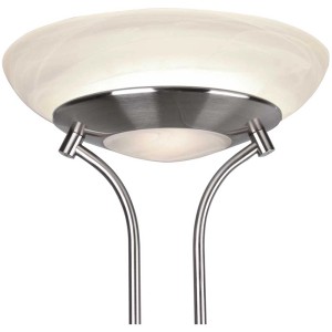 Lampadaire LED Orsan en nickel mat avec verre albâtre, éclairage indirect et lampe de lecture.