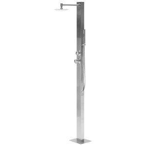 Doccia da giardino autoportante Beliani Olzai in acciaio inox argentato con soffione e doccetta.