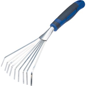 Rastrello a ventaglio manuale LUX Comfort con 9 denti in acciaio inox e manico blu-nero per giardinaggio.
