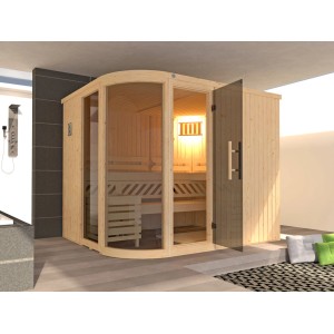 Weka Sauna Sara 2 Set 2 : Sauna en bois massif avec façade en verre et porte ouverte.