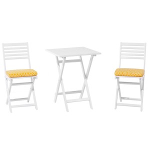 Ensemble de balcon Fiji 3 pièces, bois blanc, coussins jaunes. Table et chaises pliantes pour balcon ou terrasse.