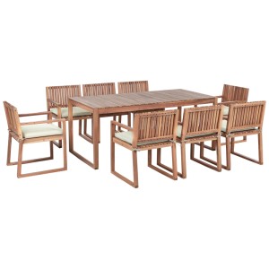 Set mobili da giardino Sassari Premium: tavolo rettangolare in acacia, 8 sedie con cuscini verde chiaro. Set 9 pz.