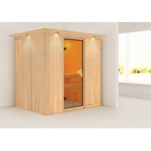 Sauna Karibu con corona del tetto a LED in legno naturale, porta in vetro e interni.
