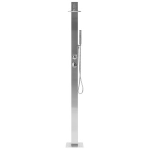 Doccia da giardino autoportante Beliani Olzai in acciaio inox argentato con doccetta e soffione.