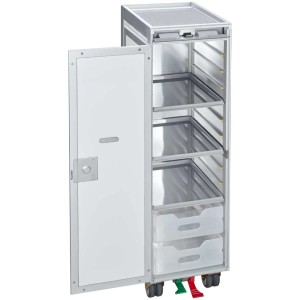Étagère de salle de bain blanche Diaqua en forme de chariot d'avion avec porte ouverte, étagères et tiroirs.