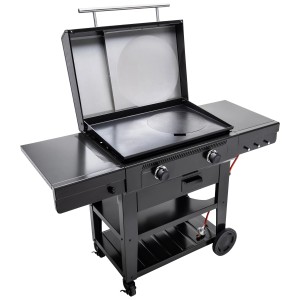 Char-Broil Versa-Tile grill a gas con piastra e ripiani, aperto.