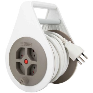 Enrouleur de câble Steffen, 7m, blanc-gris, avec 4 prises T13 et protection thermique.