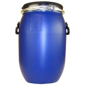 Tonneau bleu à large ouverture, 30 l, avec couvercle et anneau de serrage en métal pour récolte et stockage.