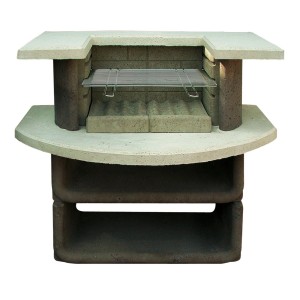 Barbecue de jardin Buschbeck Montana, blanc-brun, en béton avec grille et étagères.