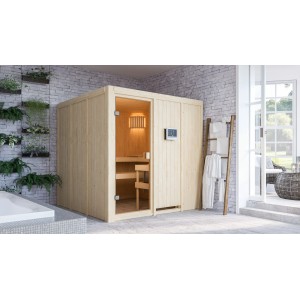 Sauna in legno massello Karibu Oulu con porta in vetro bronzato e stufa da 9 kW dal design moderno.