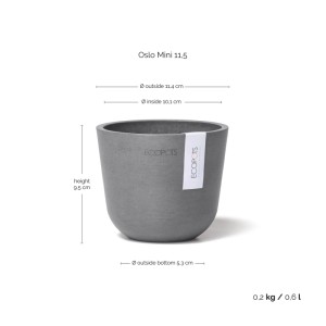 Pot de fleurs Ecopots Oslo Mini, gris, 11,5x10cm. Idéal pour plantes d'intérieur, durable et élégant.