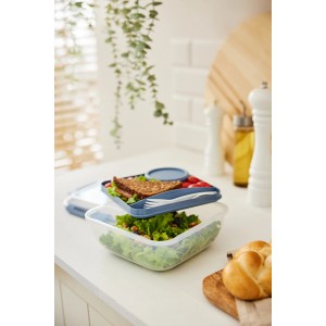 Rotho Salad Box Memory B3 1.7l, trasparente/blu, con insalata, pane e posate.