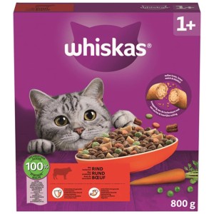 Whiskas Katzen-Trockenfutter Adult 1+ Rind 800g. Lila Packung mit Katze, Schale mit Knackits, Erbsen und Karotten.