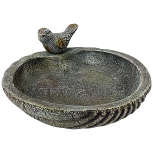Bicchiere per uccelli grigio con forma rotonda e piccola figura di uccello come decorazione.