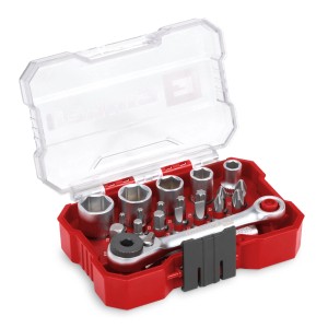 Einhell Jeu de douilles et embouts XS CASE avec embouts, douilles et cliquet dans une boîte rouge.