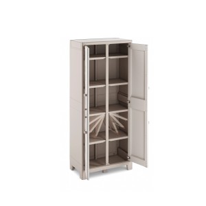 Armoire en plastique beige clair Gulliver Multispace (182x80x44cm) avec portes ouvertes et étagères.