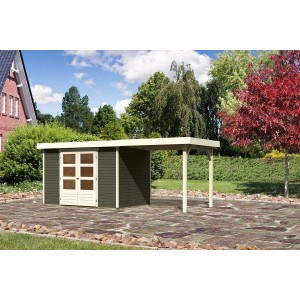 Casetta da giardino in legno Karibu Boras color terragrau con tetto piatto e annesso, 298x213 cm.