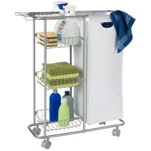 Chariot de collecte Wenko Slim, gris et blanc, avec 3 étagères, sac et roulettes. Idéal cuisine et salle de bain.