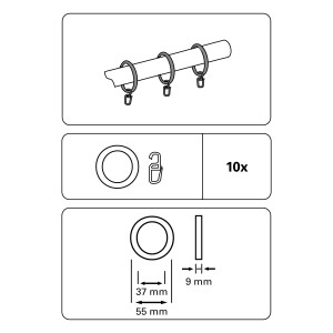 Anneaux pour rideaux Gardinia avec crochets, noir mat, pour tringles jusqu'à 28 mm de diamètre, lot de 10.