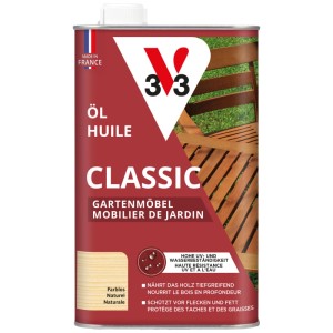 V33 Holzöl Classic Farblos 1L für Gartenmöbel: Schützt und pflegt Teak und andere Hölzer.