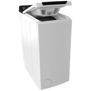 Lave-linge top Beko WTL370 blanc, 7 kg, avec couvercle ouvert. Parfait pour les petits espaces.