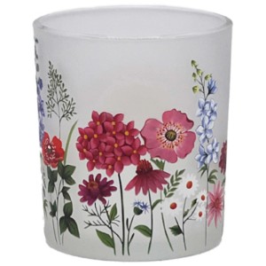 Photophore blanc mat avec motif de fleurs d'été, hauteur 8 cm.