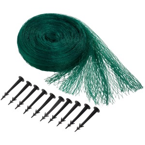 Filet de bassin vert 5x4m, enroulé avec 10 ancrages pour la protection contre les feuilles dans le bassin de jardin.