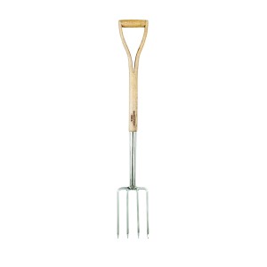 Fourche à bordure en acier inoxydable avec manche en bois, idéale pour le jardinage. Bêches, fourches et pelles d'OBI.