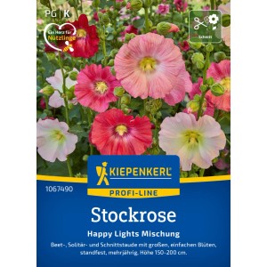 Kiepenkerl Rose trémière Happy Lights mélange avec des fleurs roses, rouges et blanches.