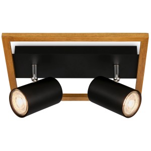 Plafonnier Briloner, 2 spots, noir avec cadre en bois, spots orientables.