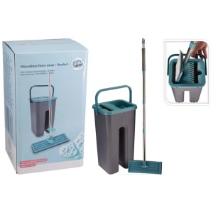 Kit serpillière: seau gris PP avec accents bleus, tête microfibre bleue, manche acier inoxydable. Outil nettoyage.