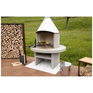 Cheminée de jardin Nouvel Colonna, barbecue rond en béton lavé avec hotte en acier chromé et grille.