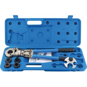 Pince à sertir manuelle mécanique pour raccords à sertir (profil TH) dans une mallette bleue avec jauge.