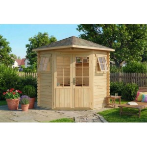 Casetta da giardino in legno Alpholz Sunny-A non trattato con tetto a punta in giardino.
