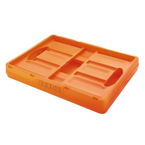 Boîte pliante orange OBI pliée avec un volume de 46 l. Boîte de rangement pratique.
