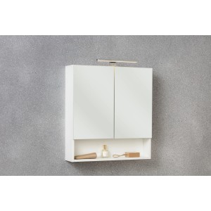 Armoire de toilette blanche Badmobil avec deux portes et étagère pour accessoires de salle de bain.