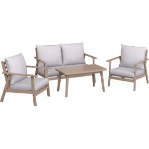 Ensemble lounge Woodsboro 4 pièces en acacia huilé blanc avec coussins beiges. Salon de jardin avec banc, fauteuils et table.