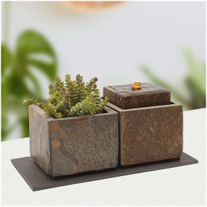 Climaqua Fontaine de table Vida 11 : Fontaine d'intérieur avec jardinière et cascade en pierre naturelle.