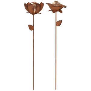 Star Trading Solar-Deko Oxida, 2 rostfarbene Metall-Blumen mit kaltweissem LED-Licht, 51 cm hoch.