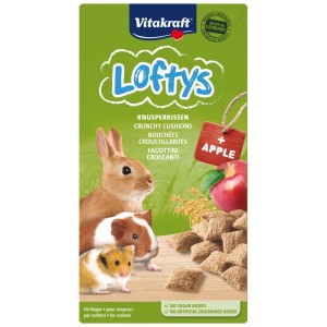 Vitakraft Loftys cuscini croccanti al gusto di mela per roditori, confezione da 100g con coniglio, cavia e criceto.