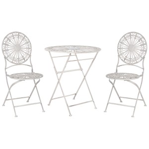 Ensemble bistrot Scafa pliant blanc en métal pour balcon. Table et deux chaises rétro à motifs décoratifs.
