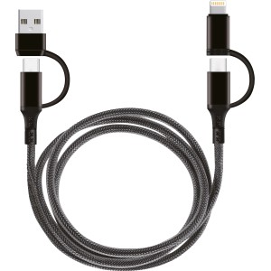 Cavo di ricarica USB 4-in-1 nero (USB A, USB C, Lightning) per accessori audio.